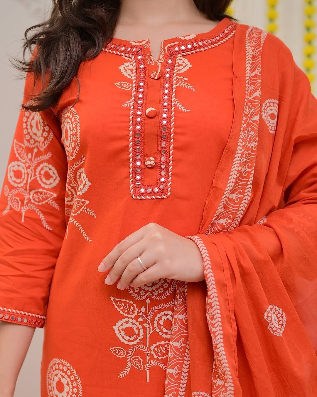 Orange Cotton Kurti Pant Dupatta Set with Embroidery